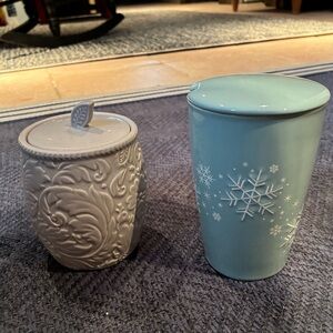 Light gray sugar bowl & light blue tall mug with lid